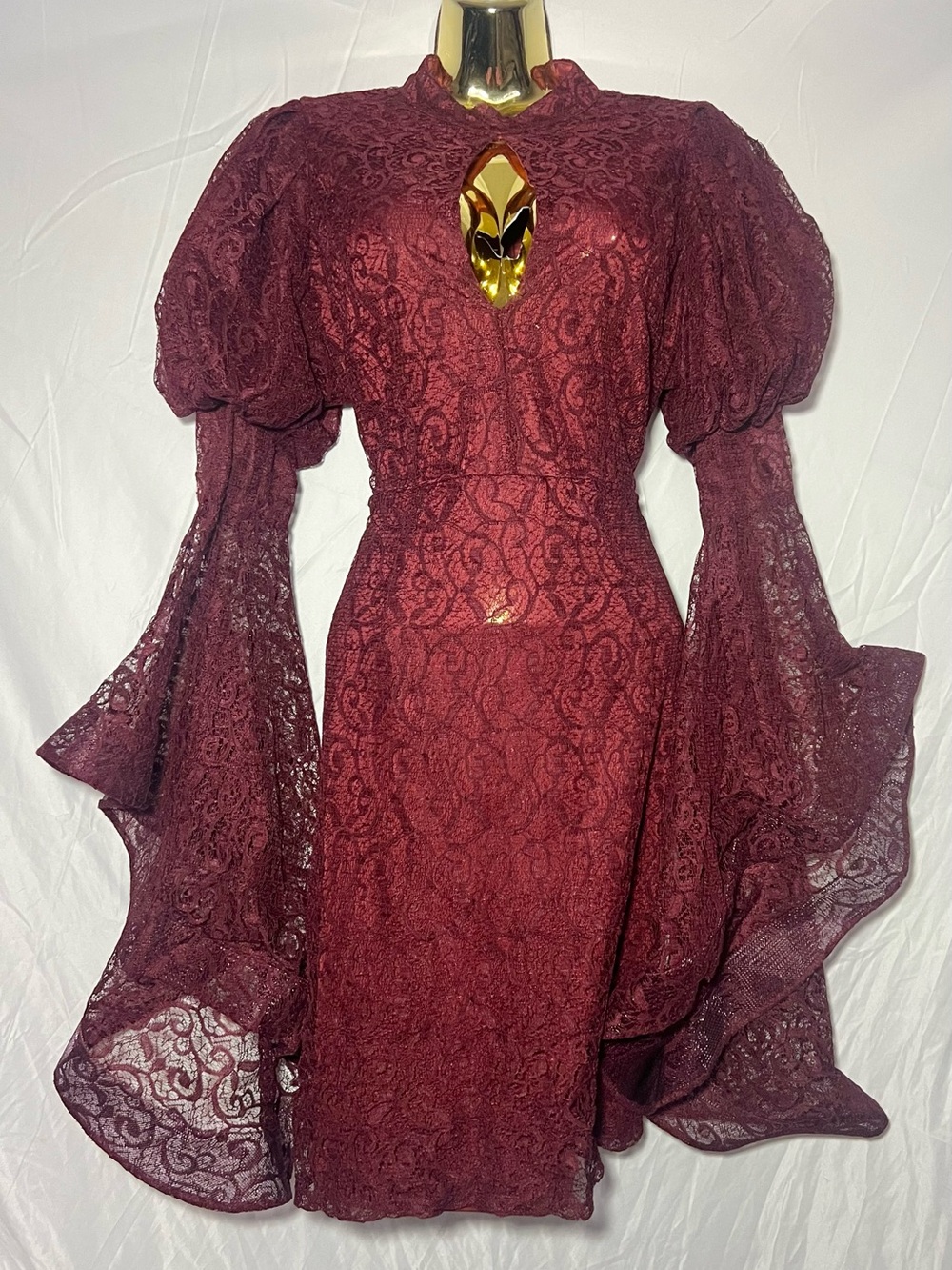 Burgundy Lace Midi Dress with Dramatic Puff Sleeves